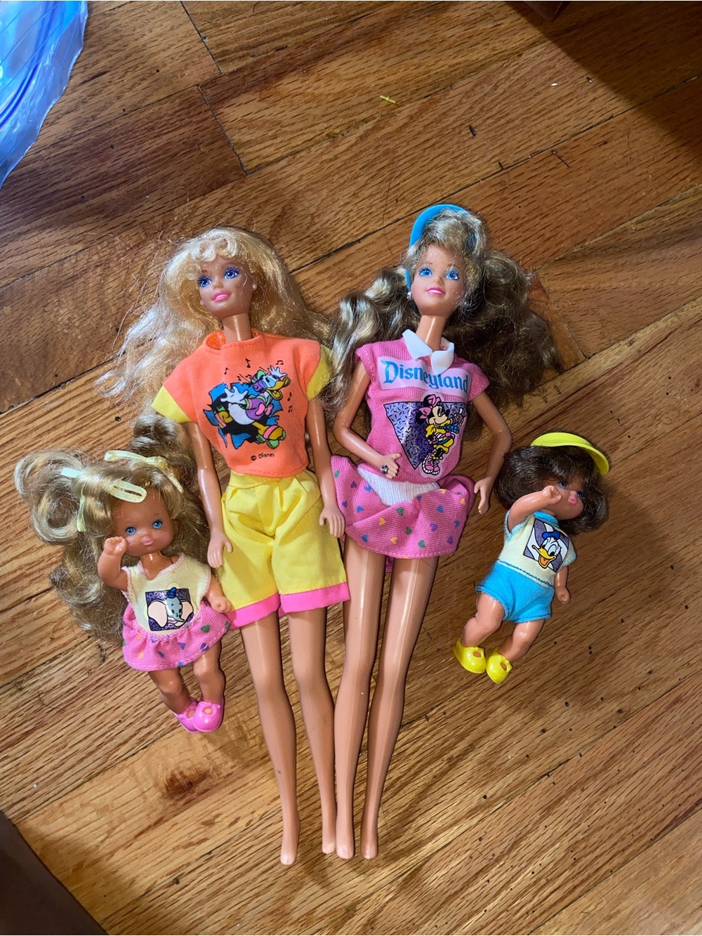 Vintage Disney land Barbies and baby Dolls Set in Pink, Yellow & Blue Playwear